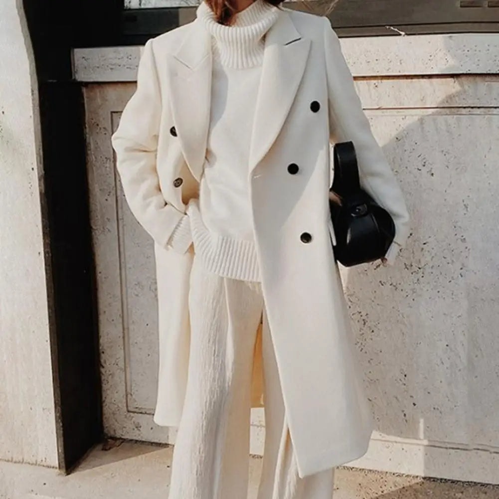 Pam Double-Breasted Long Wool-Blend Winter Coat for Women with Lapel Collar