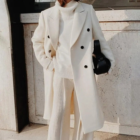Pam Double-Breasted Long Wool-Blend Winter Coat for Women with Lapel Collar