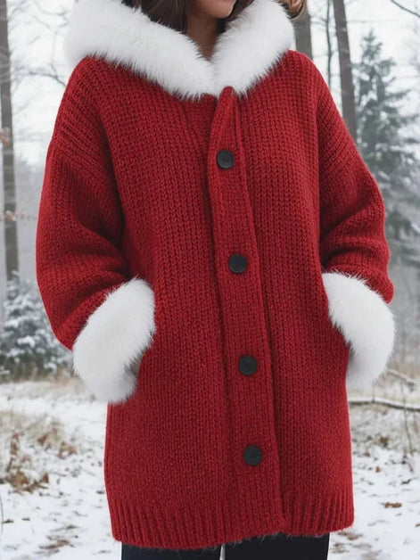 Nodia Faux Fur Trim Hooded Knit Cardigan Coat for Women