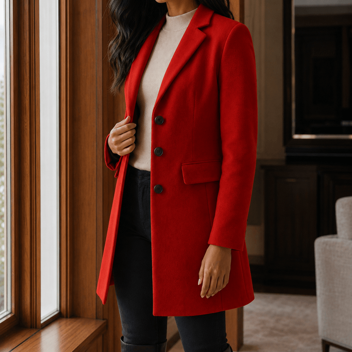 Women's Tailored Wool-Blend Winter Coat with Notched Lapels