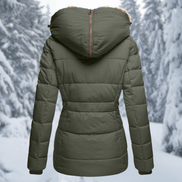 Women's Quilted Polyester Puffer Jacket with Faux Fur Trim Hood
