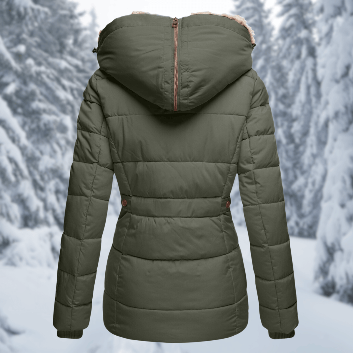 Women's Quilted Polyester Puffer Jacket with Faux Fur Trim Hood
