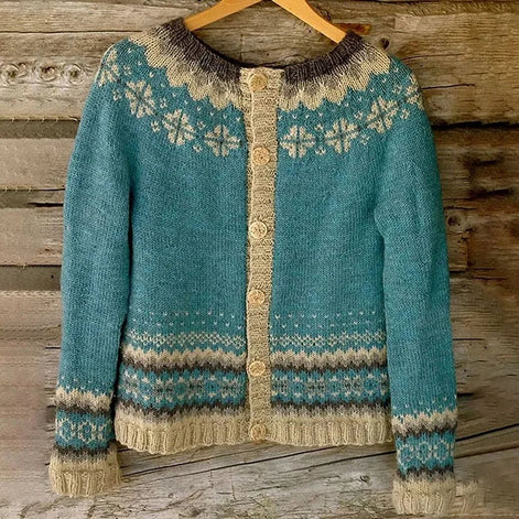 Allegra Fair Isle Button-Up Women's Knitted Cardigan with Nordic Shoulder Pattern