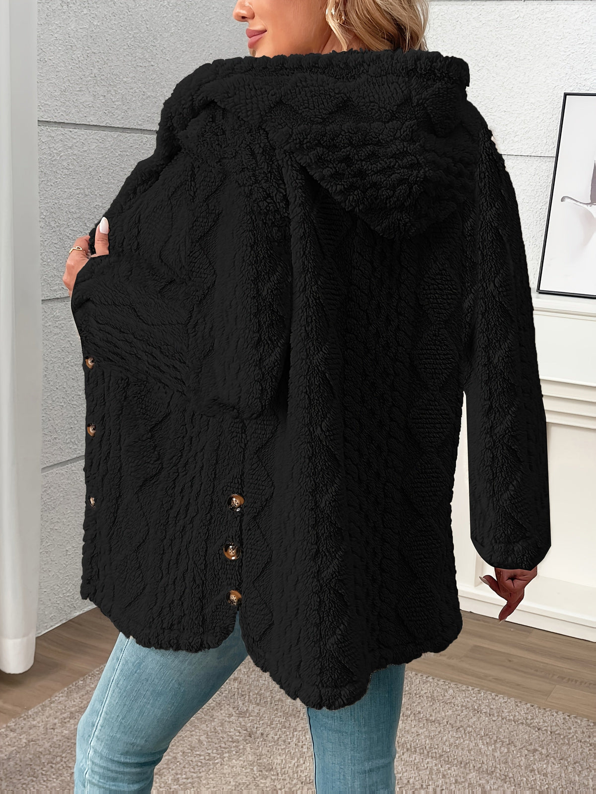 Women's Black Textured Button-Front Winter Coat with Relaxed Fit