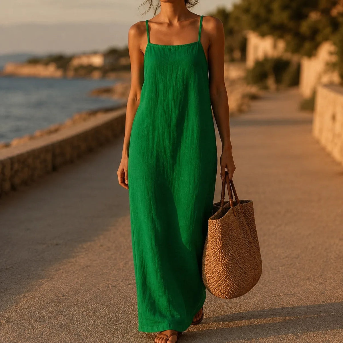 Women's Linen-Look Maxi Slip Dress with Adjustable Straps