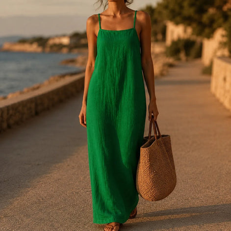 Women's Linen-Look Maxi Slip Dress with Adjustable Straps