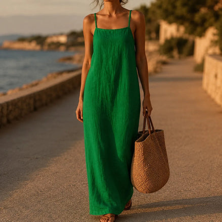Women's Linen-Look Maxi Slip Dress with Adjustable Straps