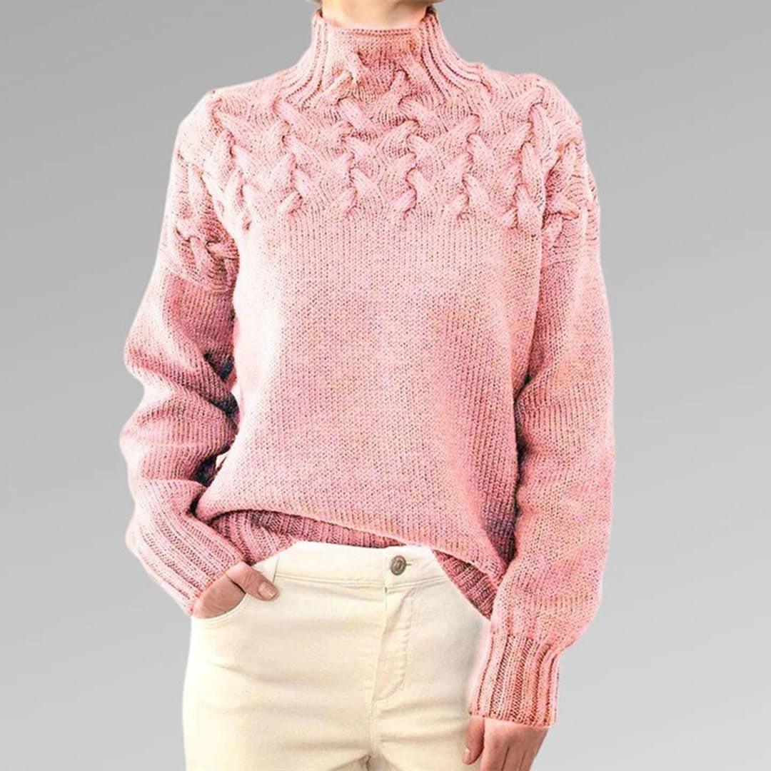Women's Cable Knit High-Neck Jumper with Textured Yoke and Ribbed Cuffs