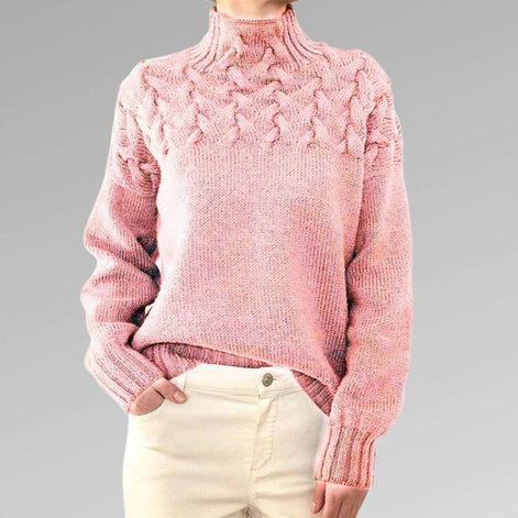Women's Cable Knit High-Neck Jumper with Textured Yoke and Ribbed Cuffs