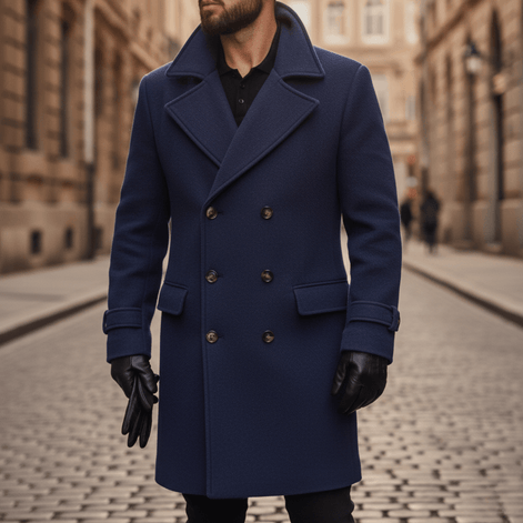 Double-Breasted Wool Blend Overcoat with Wide Notched Lapels