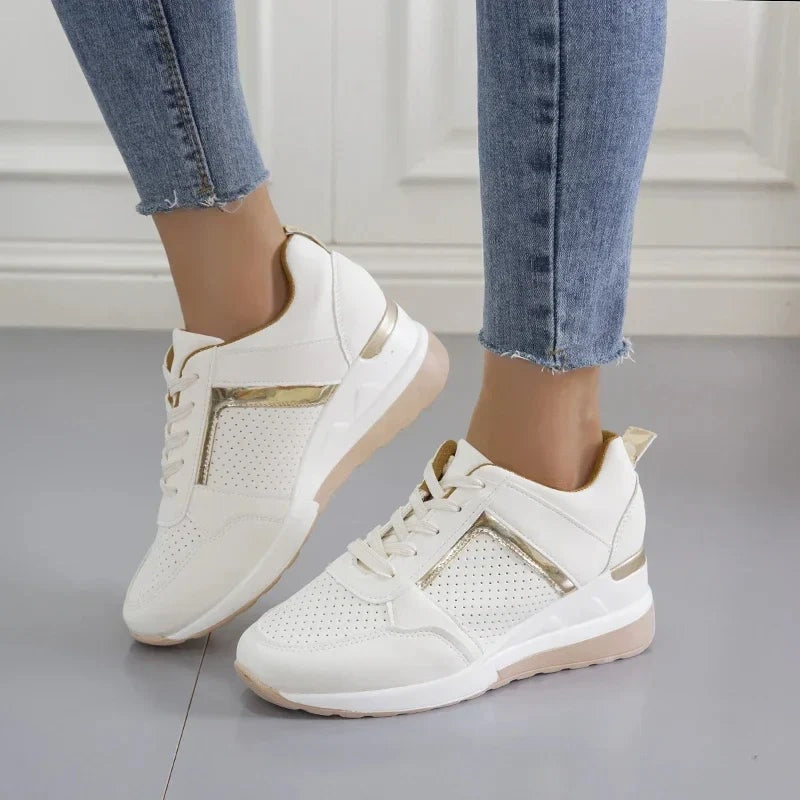 Women's Lace-Up Wedge Cushioned Sneakers with Breathable Mesh Panels