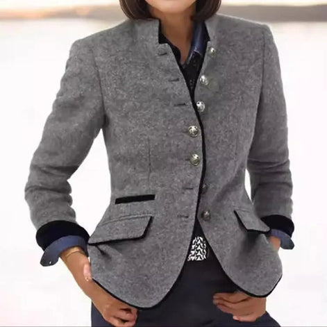 Women's Tailored Wool Blazer with Contrast Trim and Structured Fit