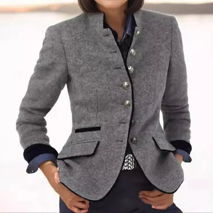 Women's Tailored Wool Blazer with Contrast Trim and Structured Fit