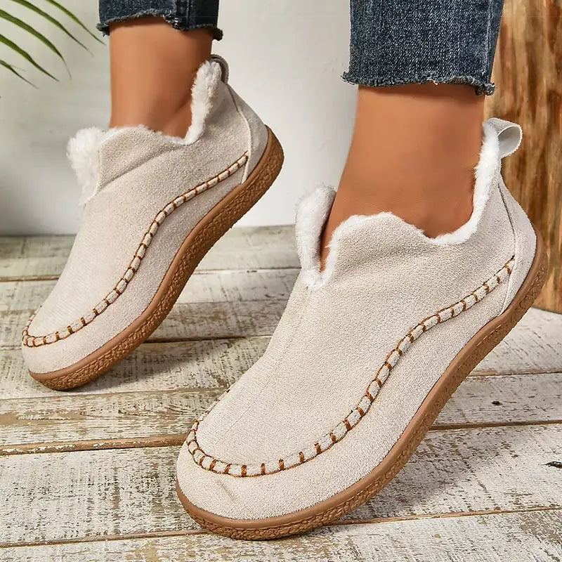 Cay Fur-Lined Suede Winter Ankle Boots for Women with Stitched Moc Toe