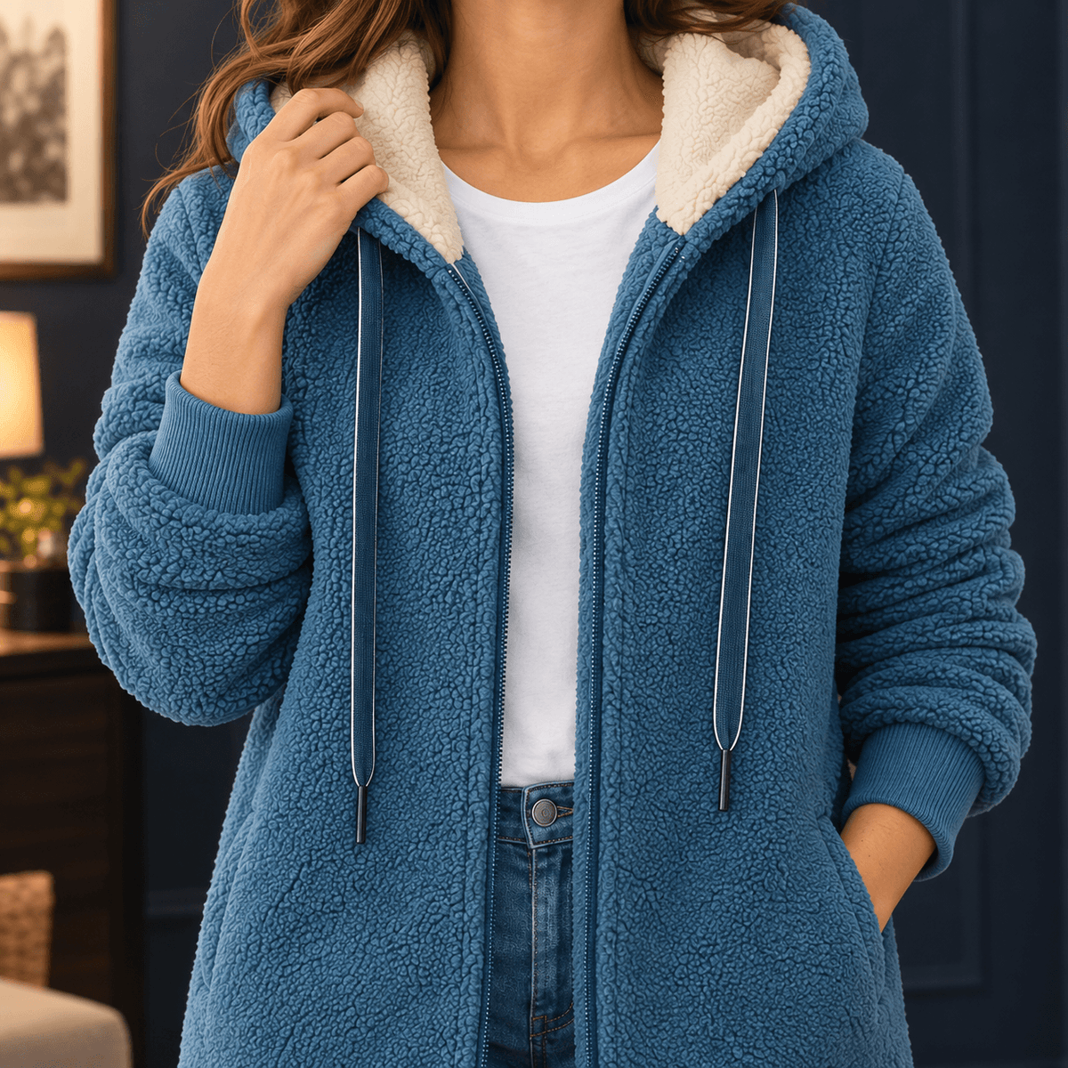 Women's Hooded Sherpa Fleece Longline Coat with Ribbed Cuffs