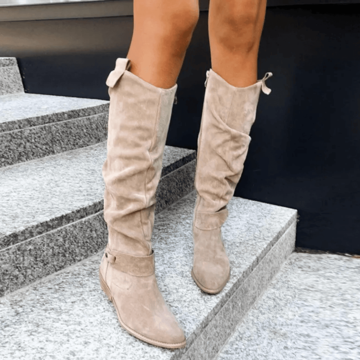 Slouchy Suede Knee High Boots for Women with Buckle Trim