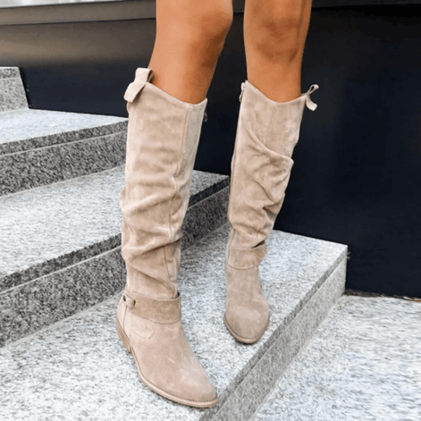 Slouchy Suede Knee High Boots for Women with Buckle Trim