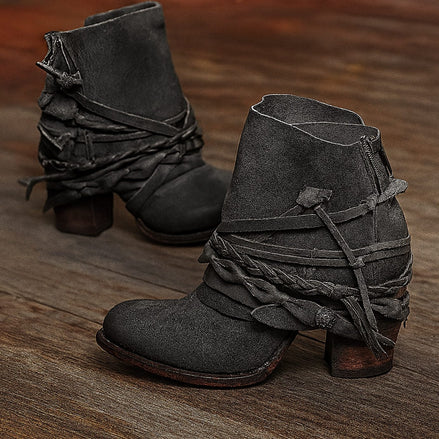 Women's Wrap Strap Block-Heel Ankle Boots with Western Detail