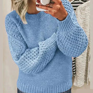 Hazel Textured Crew Neck Women's Knitted Jumper with Balloon Sleeves