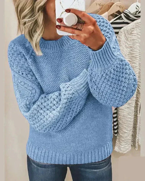 Hazel Textured Crew Neck Women's Knitted Jumper with Balloon Sleeves