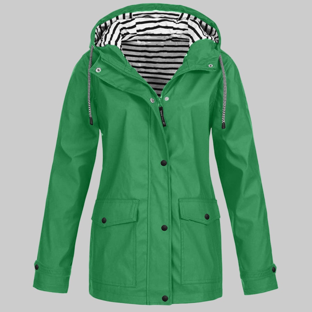 Women's Waterproof Hooded Rain Jacket with Zip Front and Snap Button Pockets