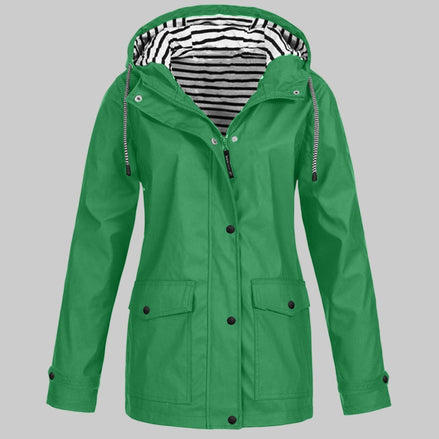 Women's Waterproof Hooded Rain Jacket with Zip Front and Snap Button Pockets