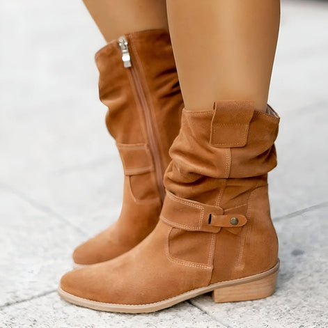 Anika Slouchy Faux Suede Women's Boots with Buckle Strap Detail