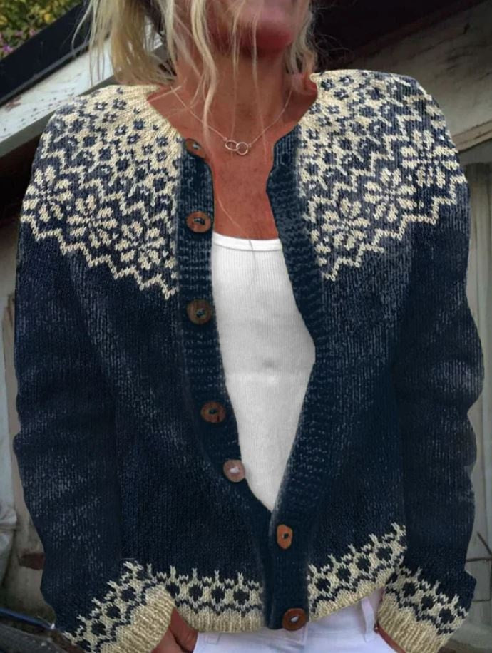 Fair Isle Patterned Button-Up Women's Knitted Cardigan with Relaxed Fit