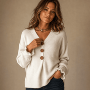 Vessa Ribbed V-Neck Button Detail Women's Knitted Jumper