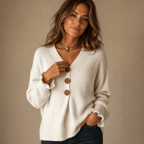 Vessa Ribbed V-Neck Button Detail Women's Knitted Jumper