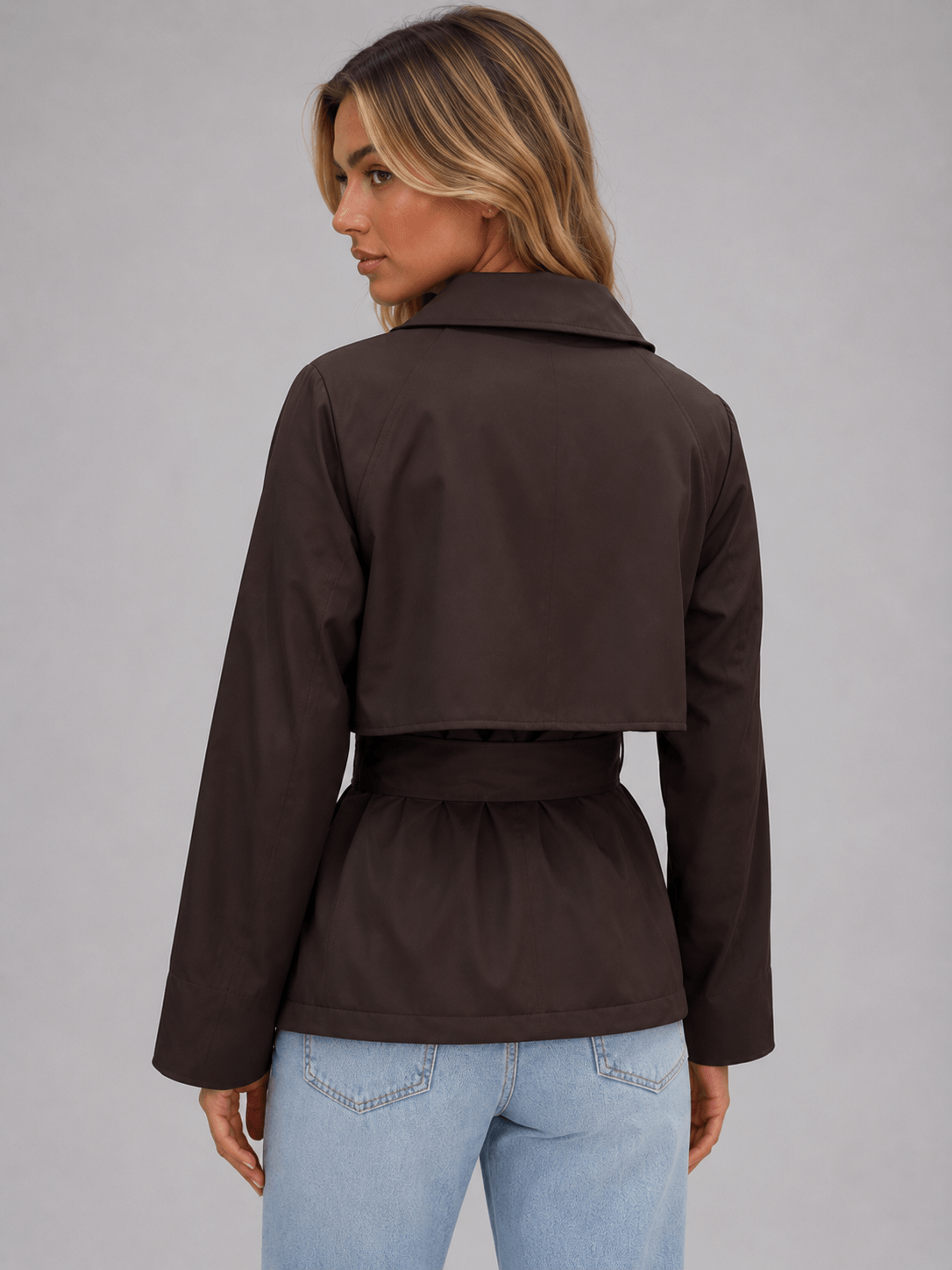 Cropped Double-Breasted Trench Coat with Tie Waist for Women