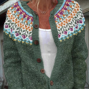 Ella Floral Yoke Button-Up Women's Knitted Cardigan with Nordic Pattern