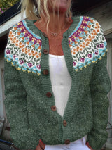 Ella Floral Yoke Button-Up Women's Knitted Cardigan with Nordic Pattern