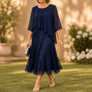 Elavine Sheer-Sleeve Floral Lace Overlay Chiffon Women's Midi Dress
