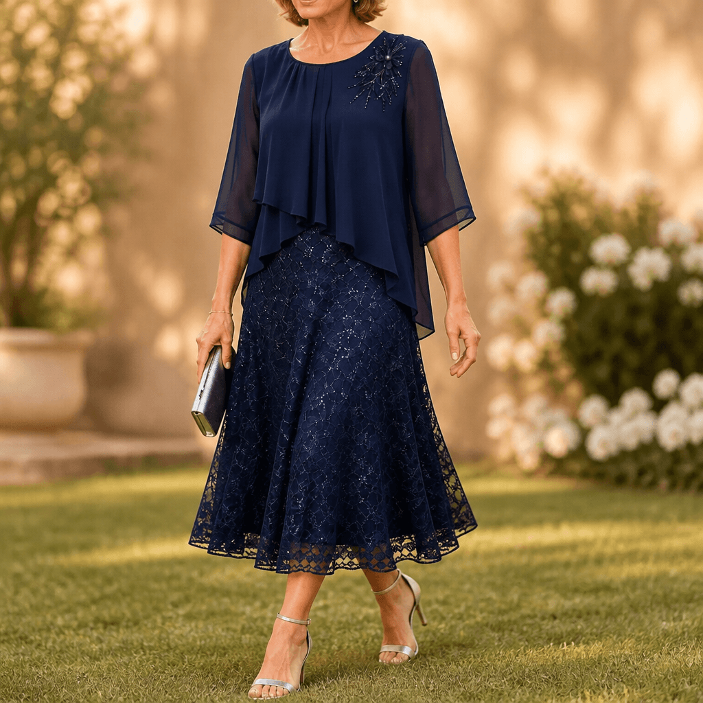 Elavine Sheer-Sleeve Floral Lace Overlay Chiffon Women's Midi Dress