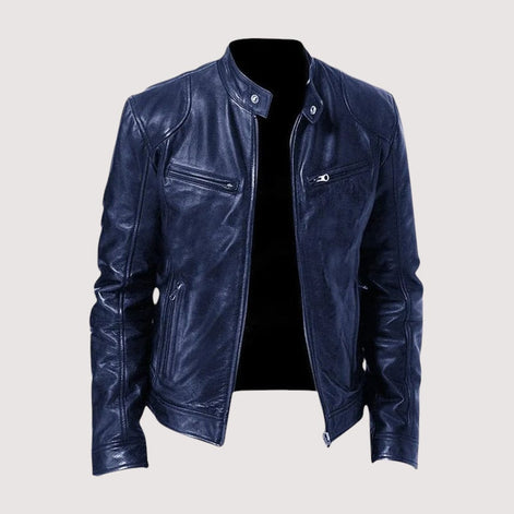Genuine Leather Moto Jacket with Structured Zip Detailing for Men