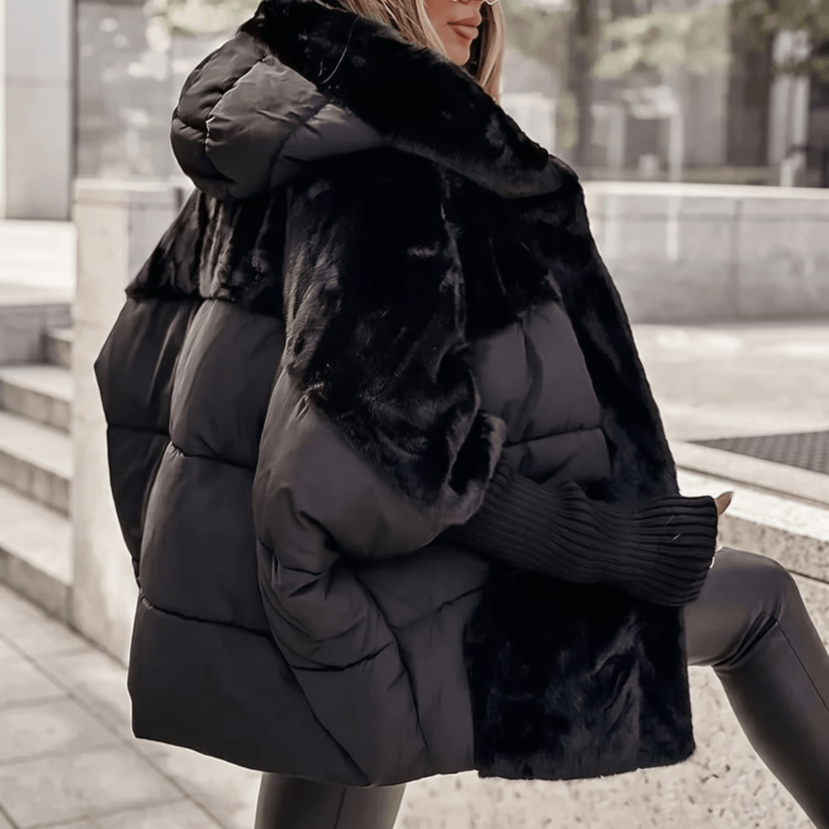 Amara Plush Faux Fur Hooded Women's Coat with Ribbed Cuffs