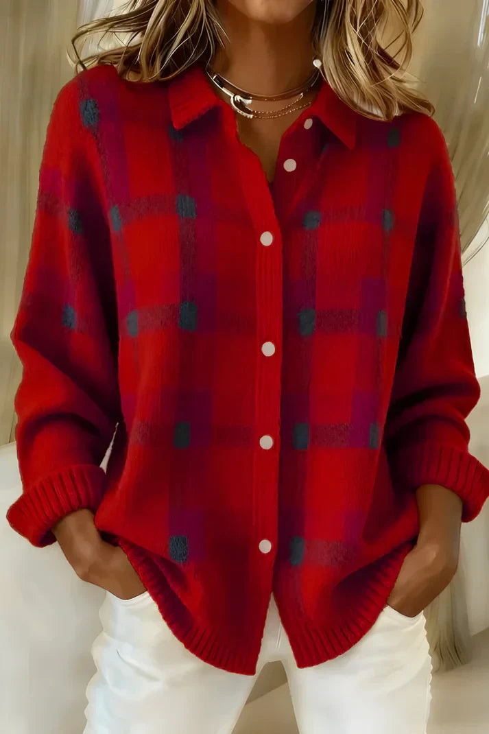 Sarah Plaid Button-Front Knitted Cardigan with Collar