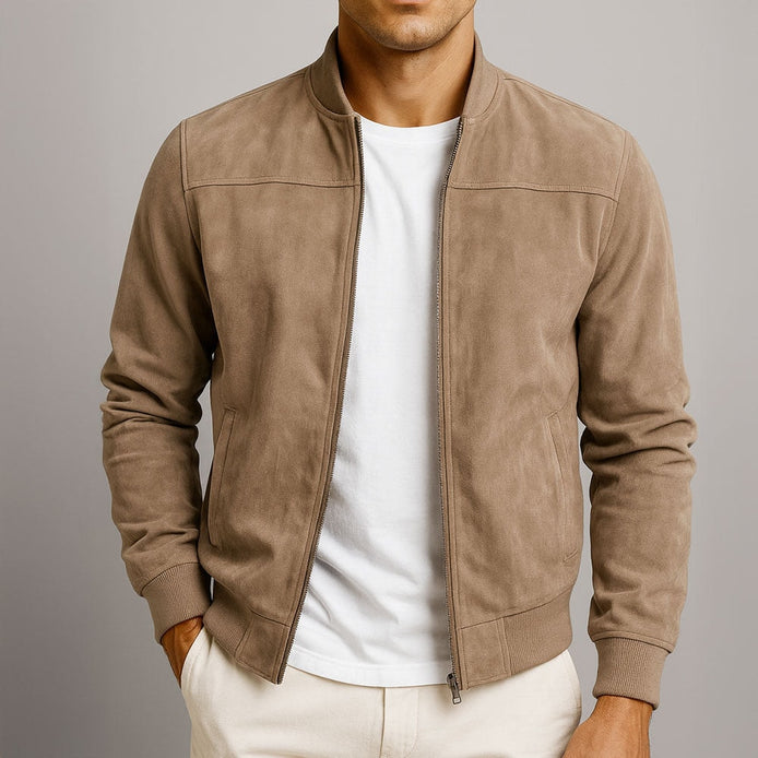 Suede-Textured Bomber Style Jacket for Men with Ribbed Trim