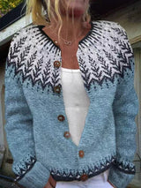 Cora Fair Isle Yoke Button-Up Women's Knitted Cardigan with Vintage Icelandic Pattern