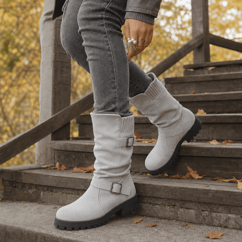 Women's Suede Winter Boots with Ribbed Cuff and Lug Sole