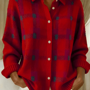 Anna Plaid Button-Up Knitted Cardigan with Collar for Women