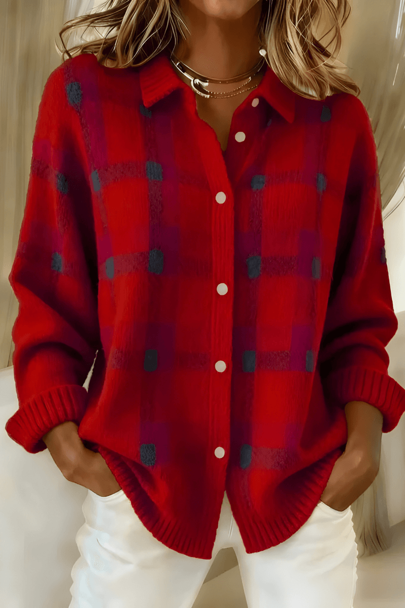 Anna Plaid Button-Up Knitted Cardigan with Collar for Women