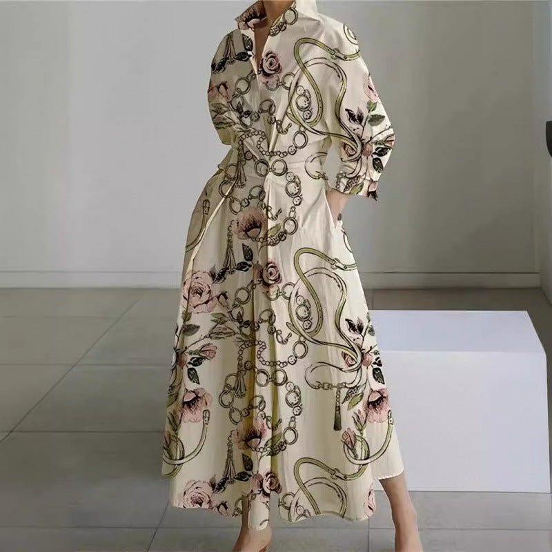 Alora Collared Front Wrap Women's Midi Dress with Long Sleeves in Print