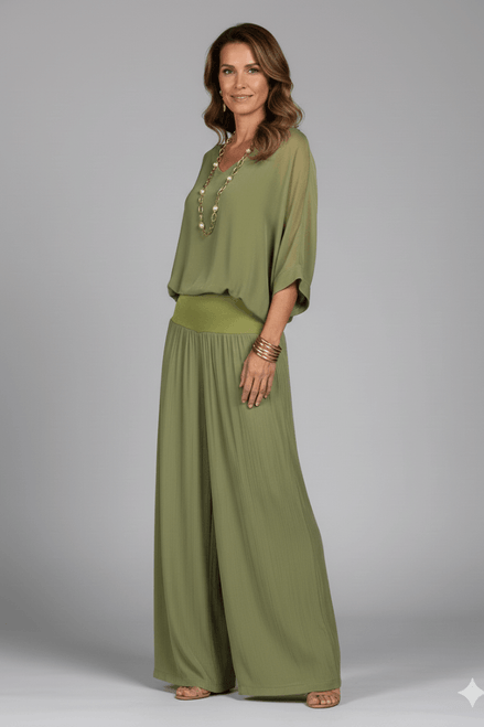 Adeline Draped Blouson Top and Wide-Leg Trouser Two Piece Set