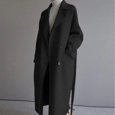 Longline Double-Breasted Women's Wool Blend Coat for Winter
