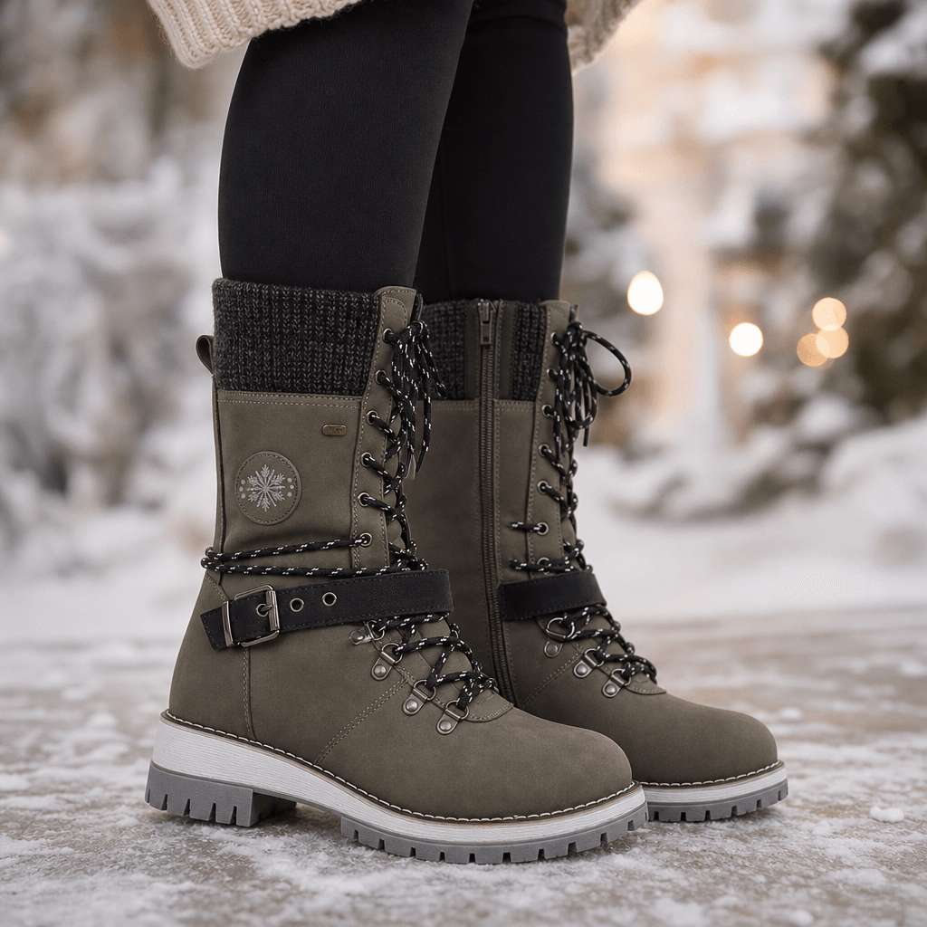 Women's Knit-Cuff Lace-Up Winter Boots with Buckle Strap
