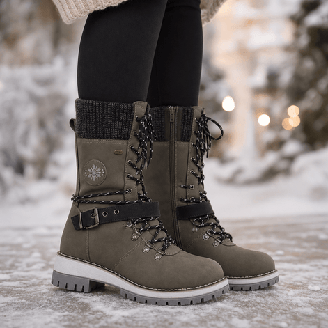 Women's Knit-Cuff Lace-Up Winter Boots with Buckle Strap