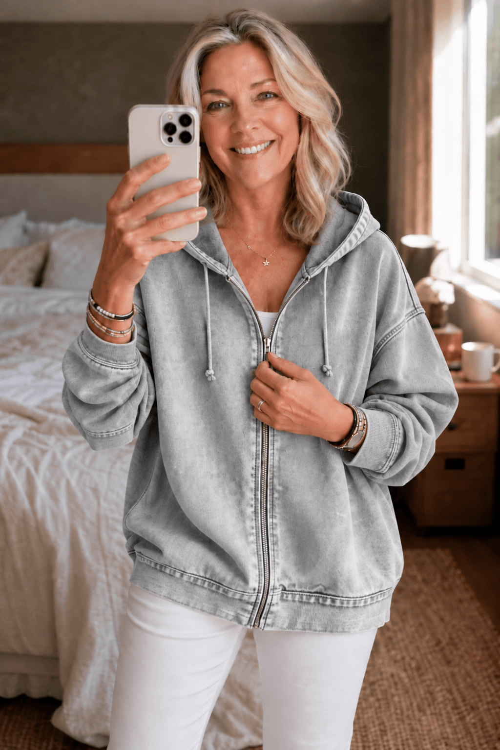 Women's Washed Relaxed Zip-Up Hoodie Jacket with Lined Hood