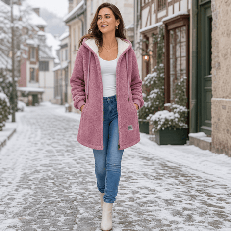 Odile Women's Hooded Fleece Teddy Coat with Zip Front